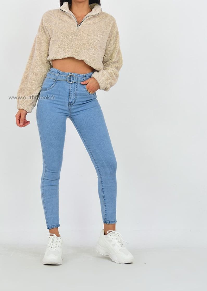 Moda Belted paperbag skinny blue jeans - OUTFITBOOK