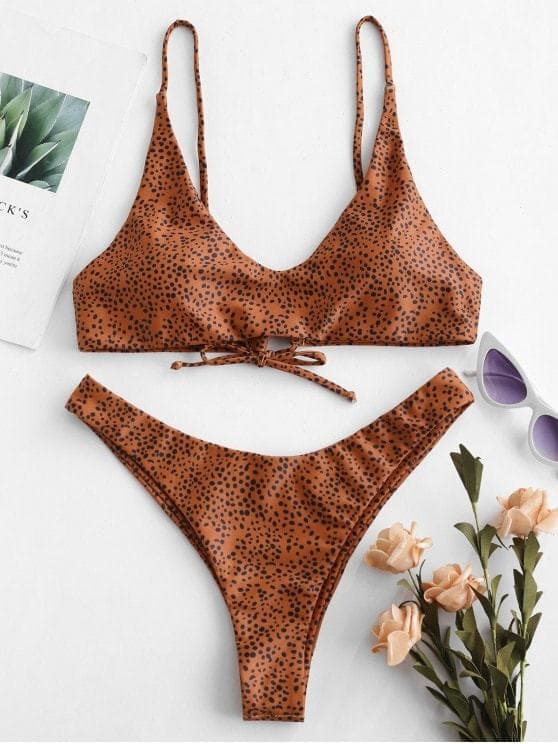 Moda Zaful Scoop Leopard High Leg Bikini Chocolate 