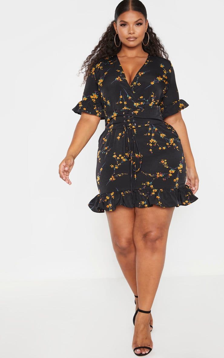 Fashion Plus Black Floral Corset Swing Dress