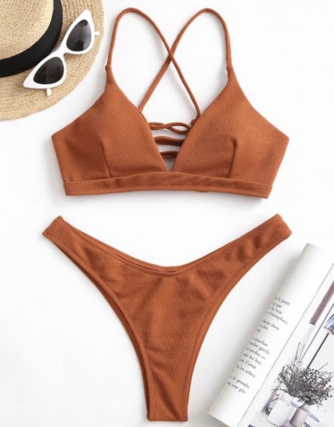 Fashion ZAFUL Textured Lace-up High Leg Bikini Swimsuit - Rust 