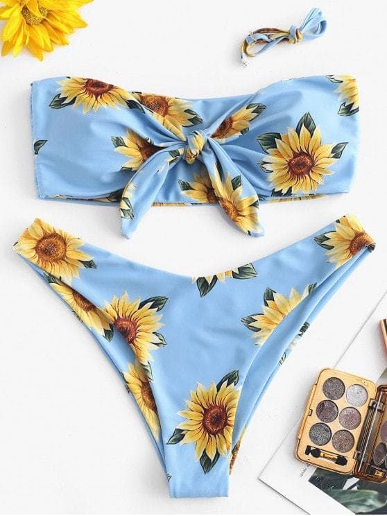 Fashion ZAFUL Knot Sunflower Print Bikini Set - White