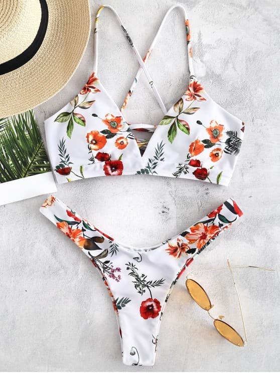 Fashion ZAFUL Flower Lace Up Bikini Set - White 