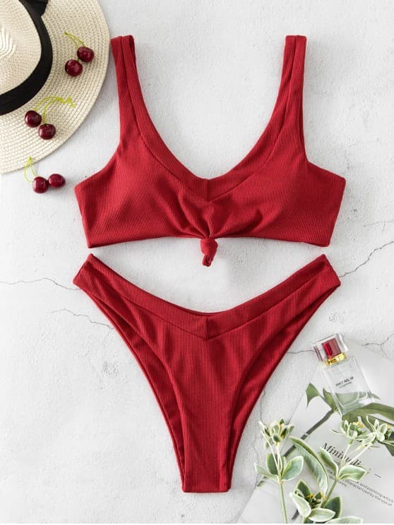 Fashion ZAFUL Ribbed Knot High Leg Bikini Swimsuit - Cherry Red