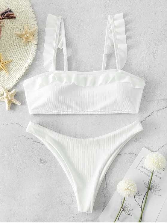 Fashion ZAFUL Ribbed High Cut Ruffled Bikini Swimsuit - White 