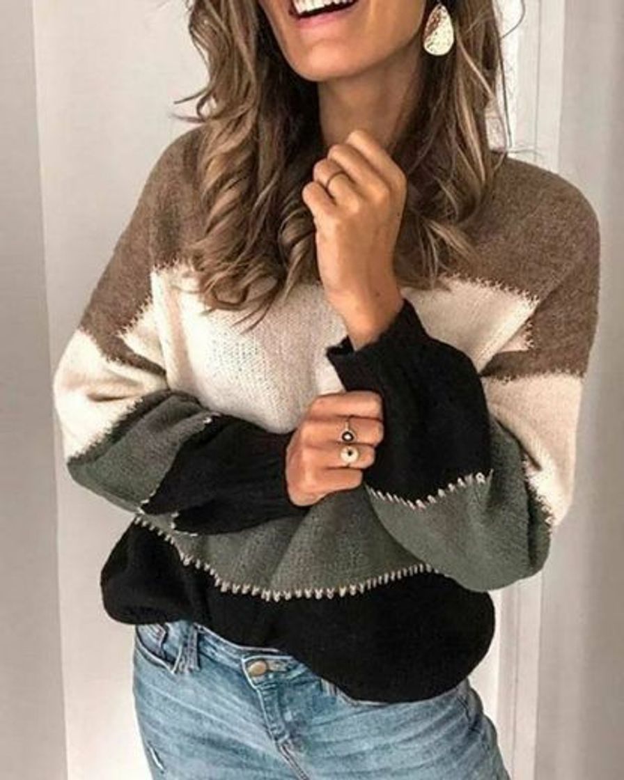 Fashion Color-block long sleeve casual crew neck sweater