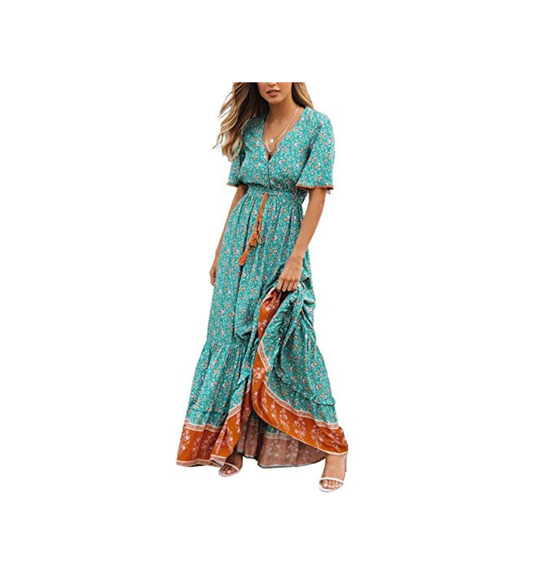 Fashion R.Vivimos Women's Summer Boho V Neck Button Up Short Sleeve Bohemian Print