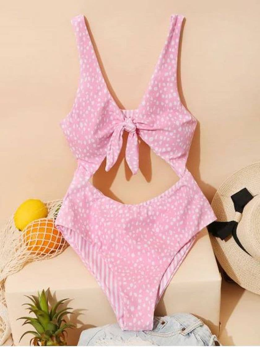 Product Dalmatians Stripes Reversible Tie Front Cut Out Swimsuit 