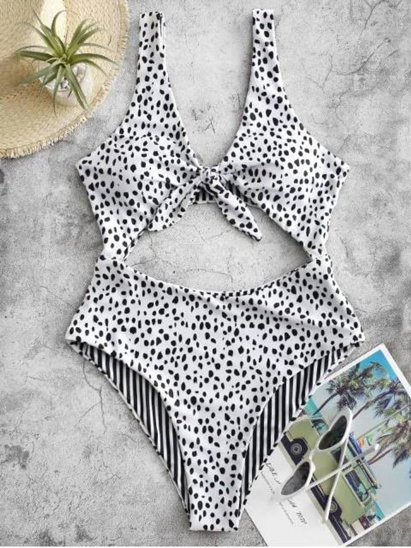 Product Dalmatians Stripes Reversible Tie Front Cut Out Swimsuit 