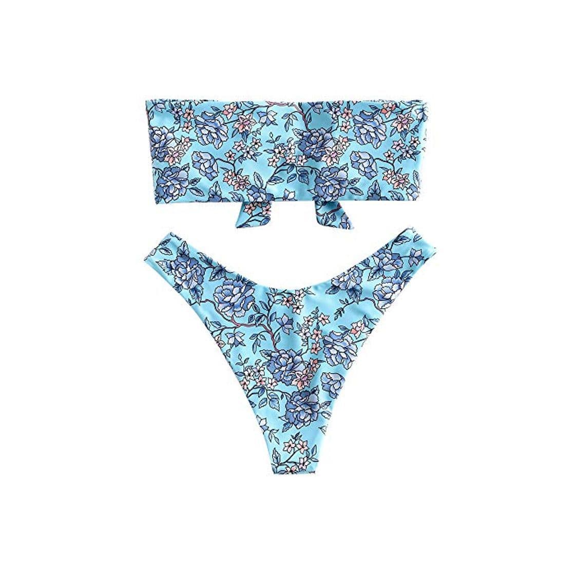 Product ZAFUL Mujer Bandeau Hombros Libre Bikini Set Sexy Beach Ropa con Flores Knote azul claro S