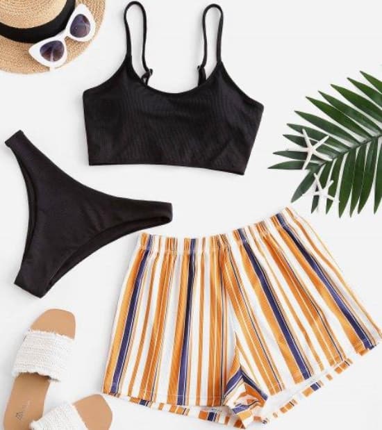 Product Striped Ribbed Three Piece Swimsuit 