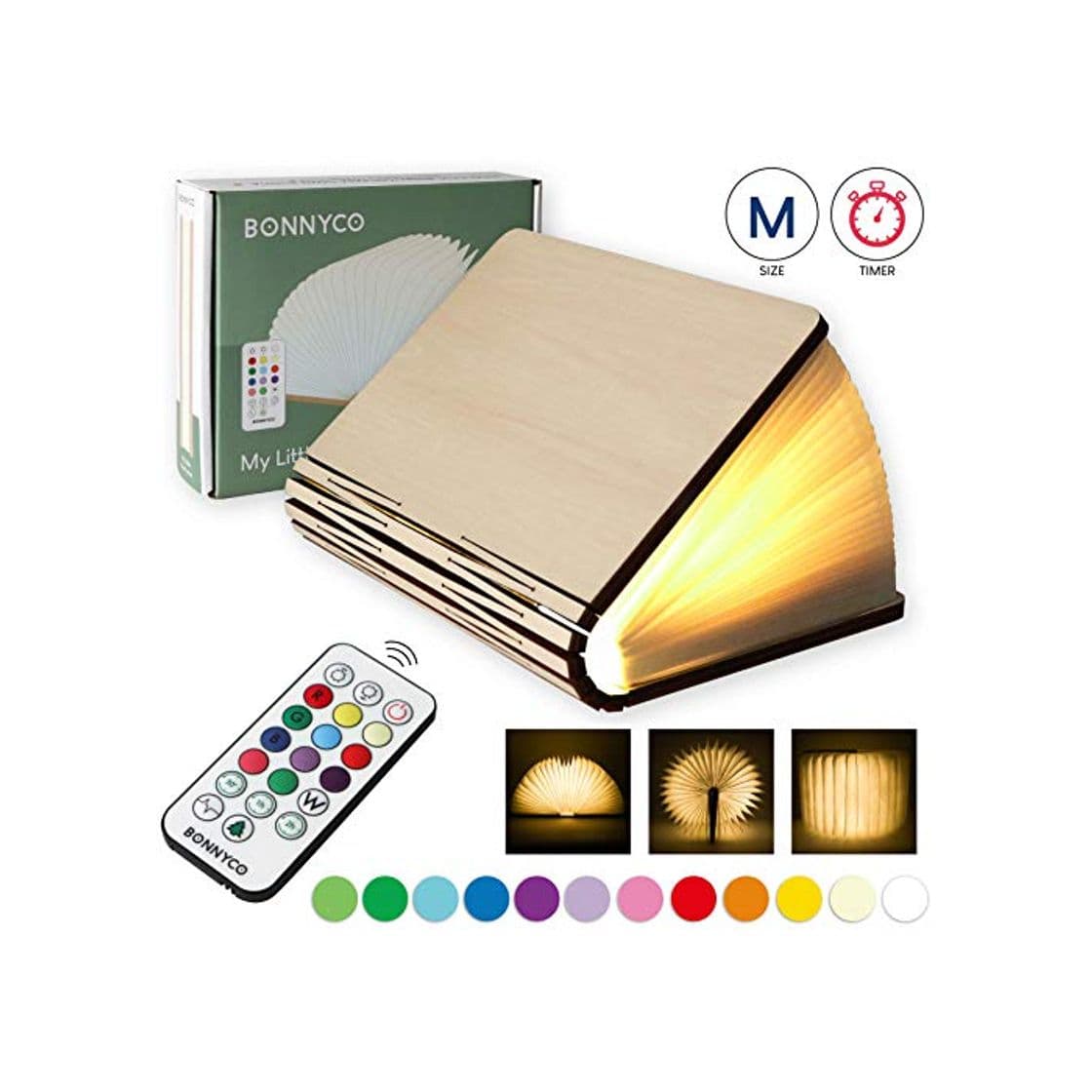 Product Lampara Libro Plegable de Madera con Mando, 12 Colores y Temporizador –