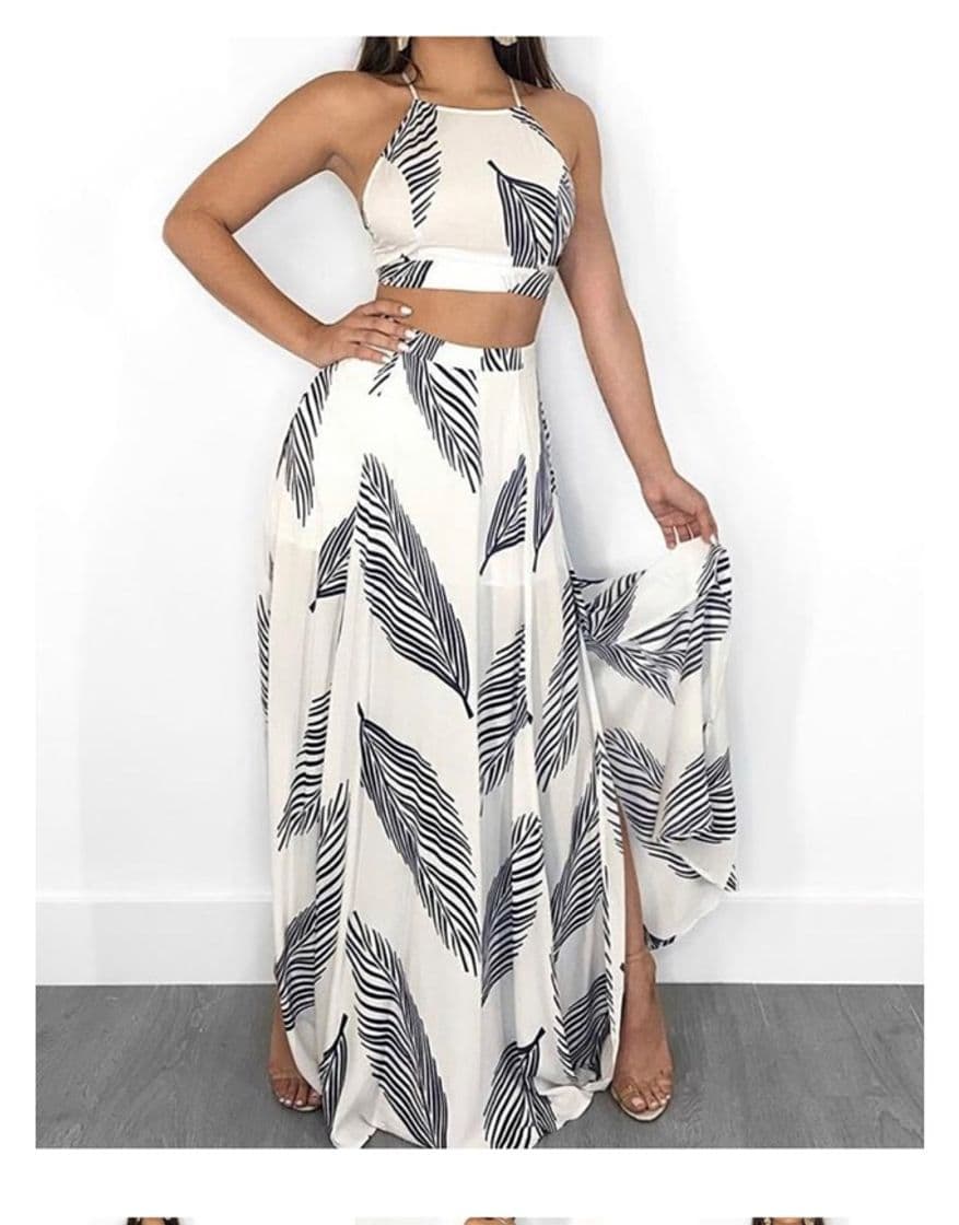 Moda Leaf Print Backless Cami Top & Split Maxi Skirt Set