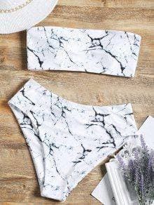 Fashion Marble Print High Waisted Bandeau Bikini Set