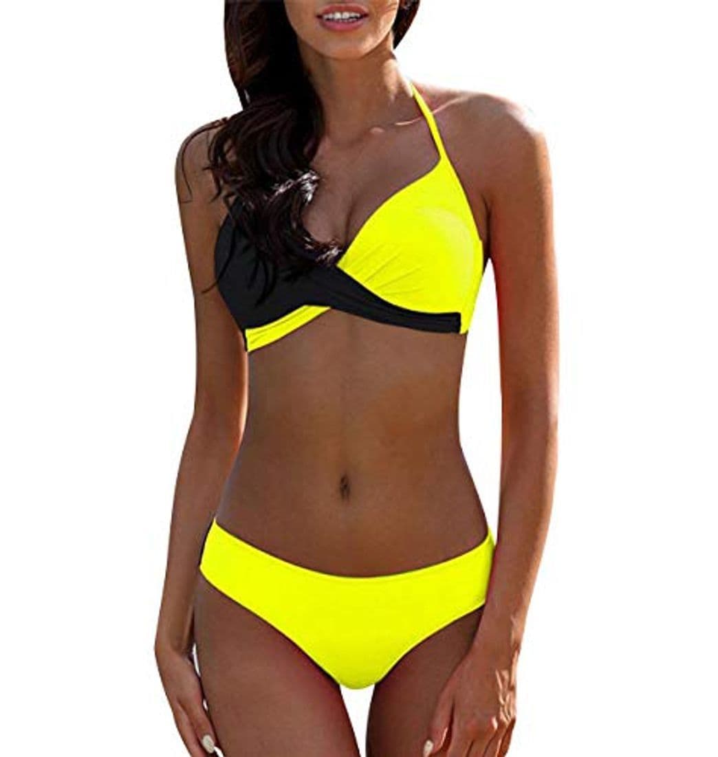 Product Bikini Push Up Halter Mujer Trajes de Baño de Dos Piezas Biquini Vikini Conjunto de Bikinis con Relleno Señora Bañador Piscina Playa Trikini Mujeres Bañadores Natacion Tallas Grandes Amarillo Negro L