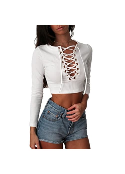 Product NiSeng Mujeres Sweater Crop Top Ajustado Suéter Que Hace Punto v-Cuello Manga