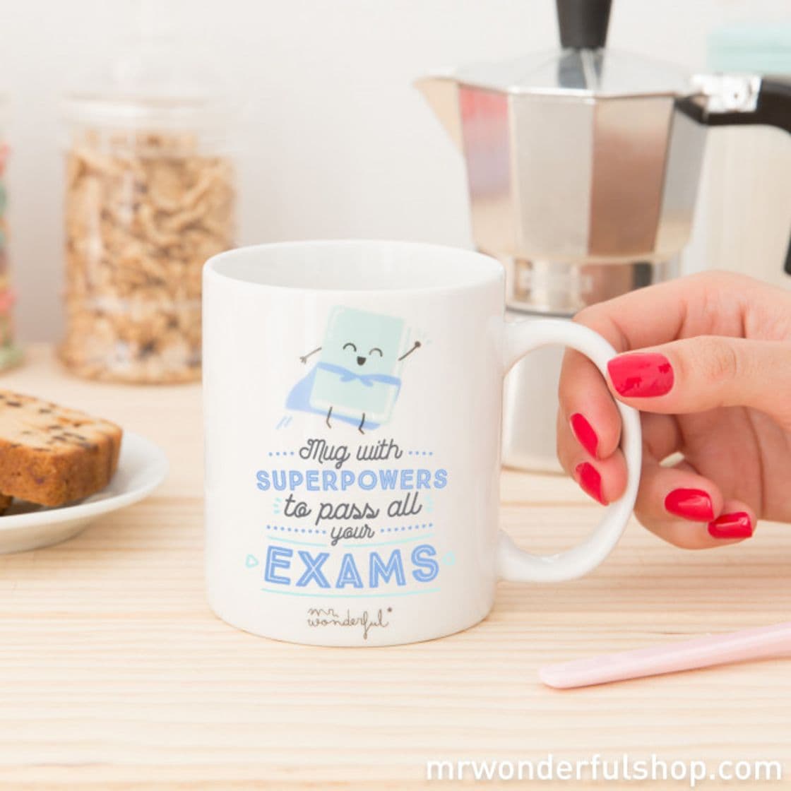 Fashion Mug with "Superpowers to pass all your exams" (ENG)