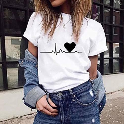 Moda Camiseta de Mujer Manga Corta Corazón Impresión Blusa Camisa Cuello Redondo Basica