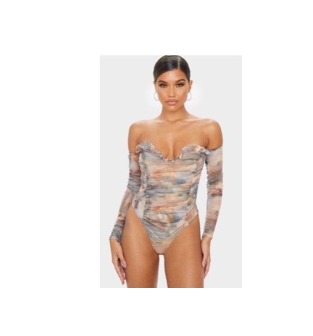 Producto Multi Water Renaissance Printed Mesh Ruched Bardot Bodysuit