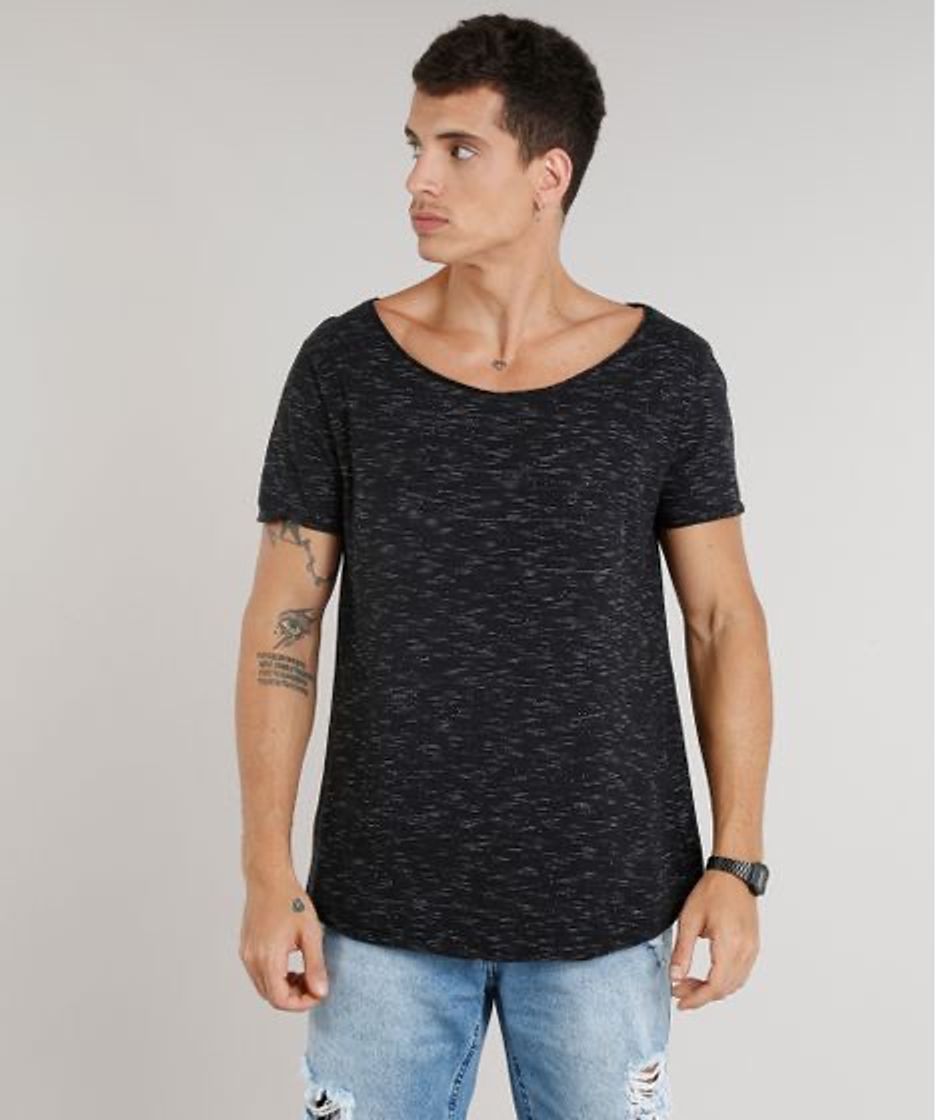 Fashion camiseta masculina longa manga curta gola canoa