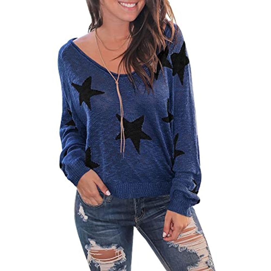 Moda Loose Star Graphic Crew Neck Sweater - Deep Blue

