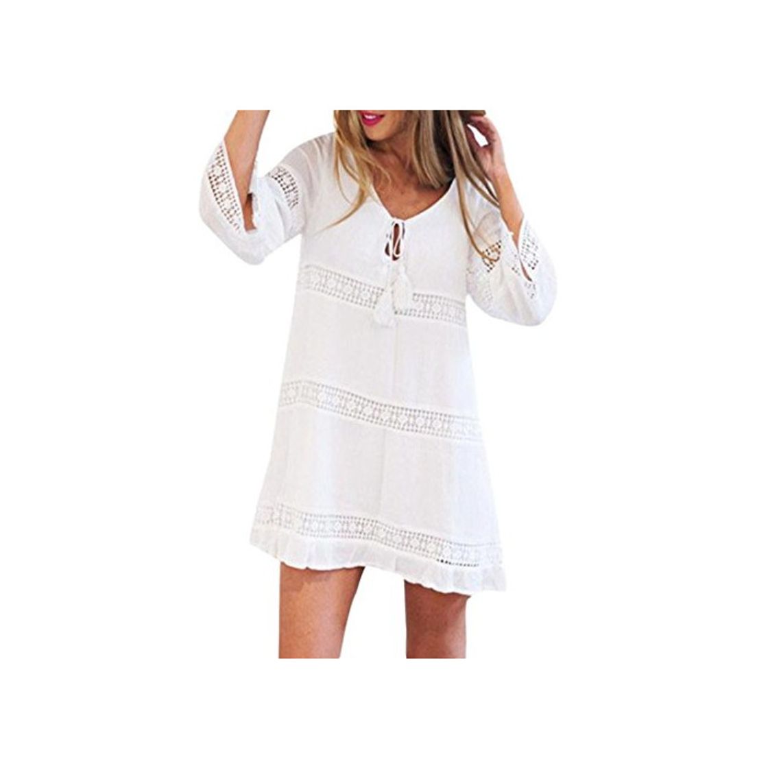 Producto OverDose Mujer Vestido Corto Manga Corta Beach Boho Beach con Encaje Cuartos