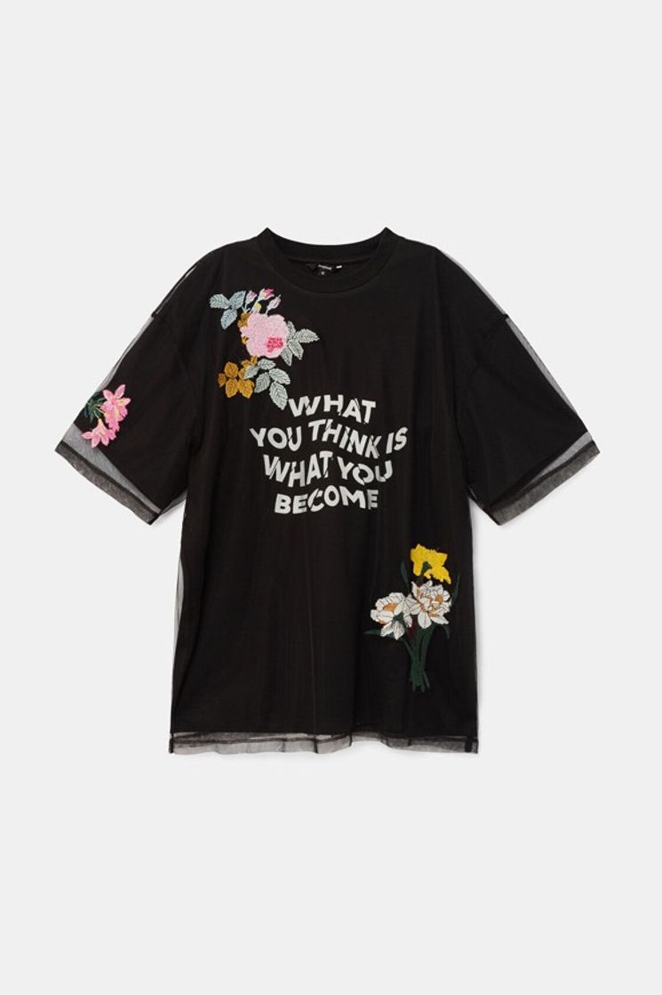 Moda T-shirt em tecido de rede com flores