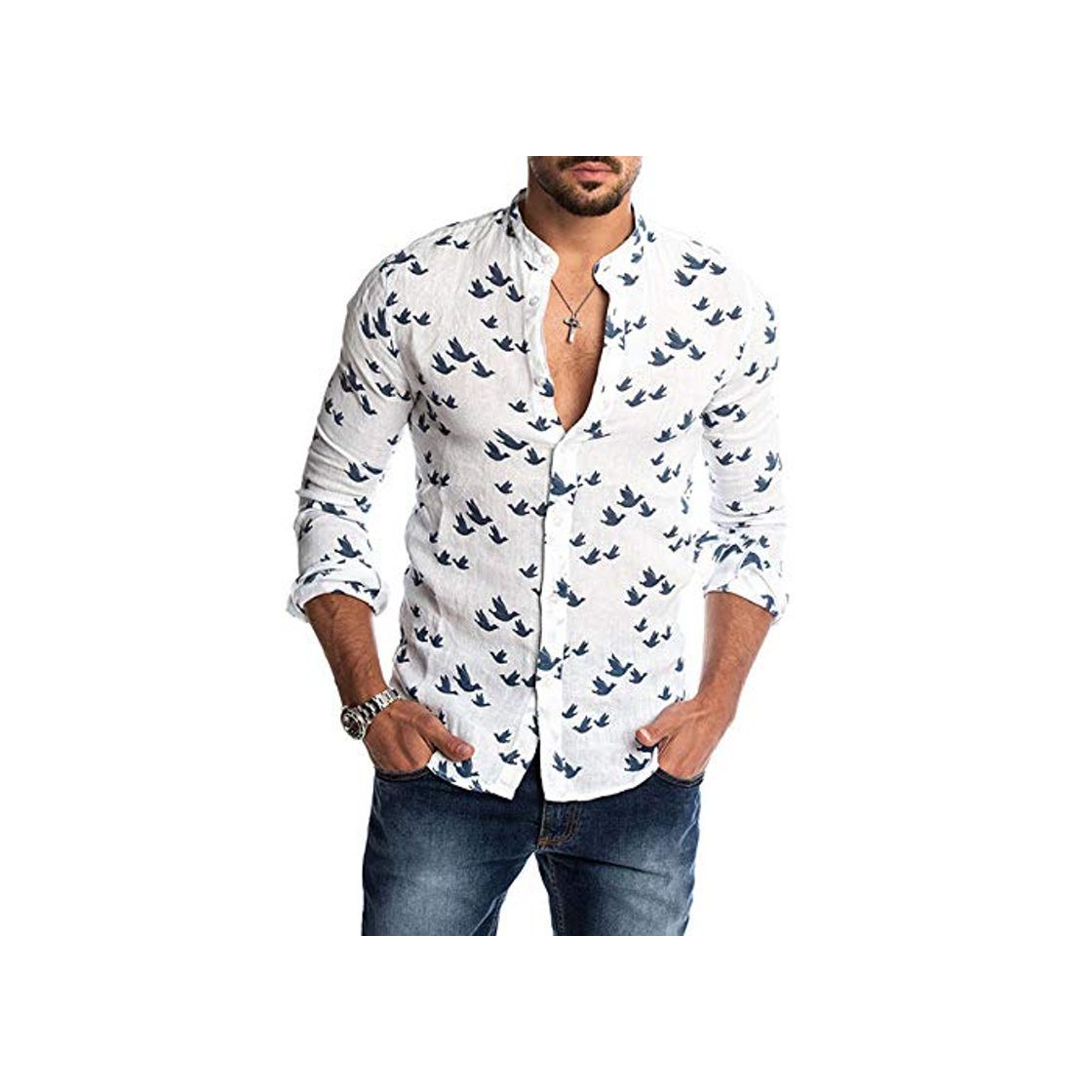 Product Loeay Camisas con Estampado de Pato Casual de Moda para Hombre Otoño Botón de Corte Slim Placket Collar de Corte Coreano Manga Larga Hombre Social Business Blanco XL