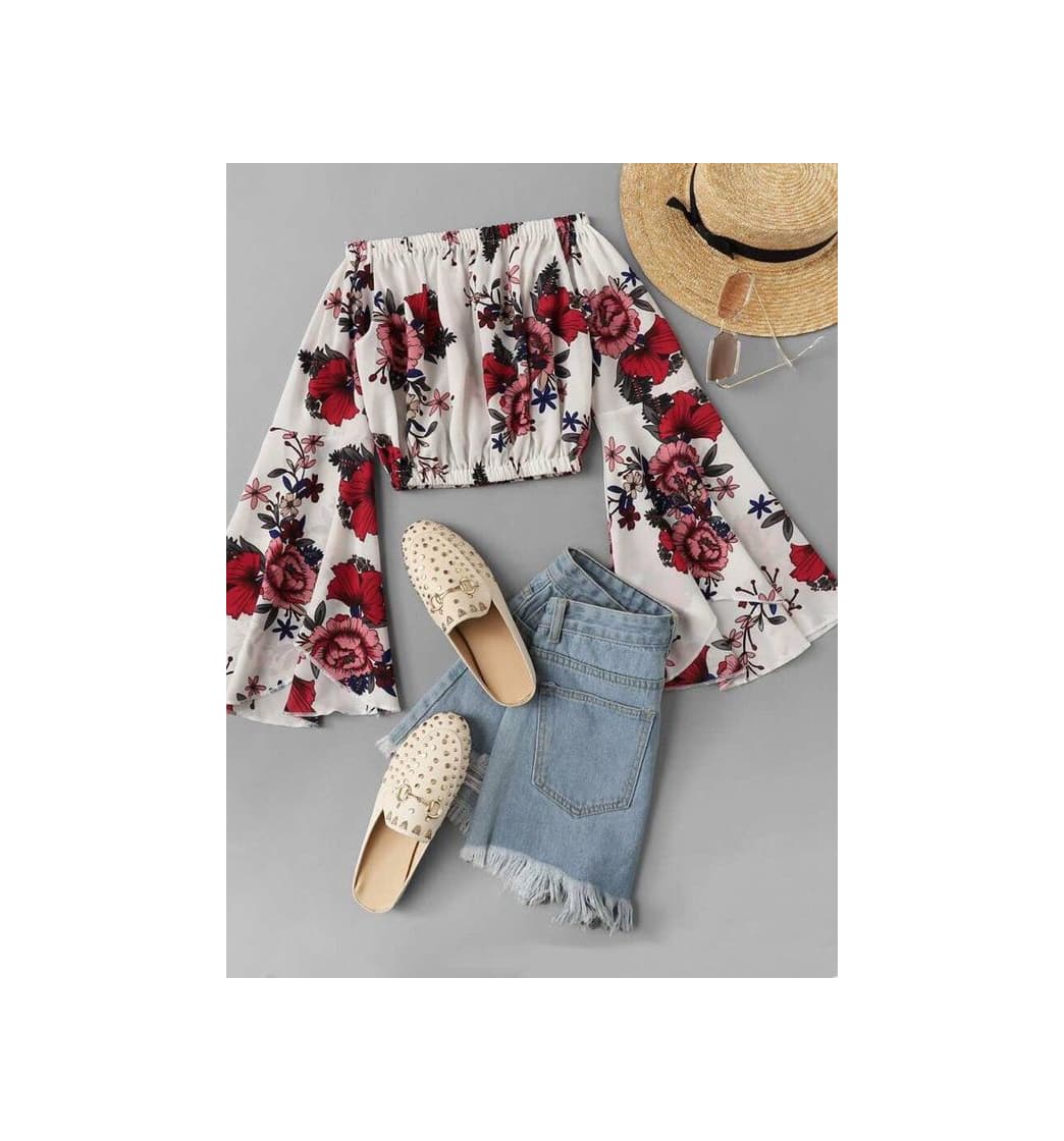 Producto Fluted Sleeve Bardot Floral Crop Top