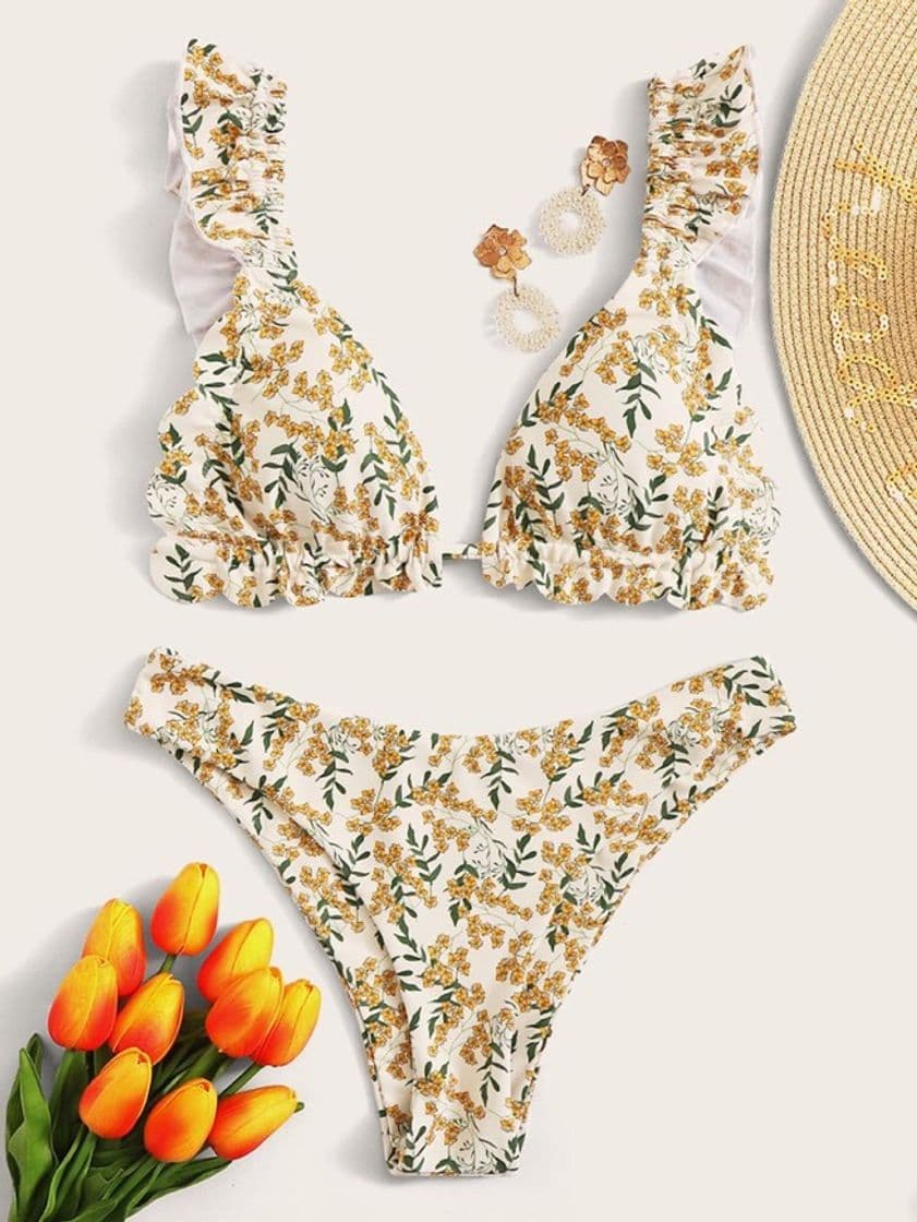 Fashion Floral Random Print Triangle Bikini Swimsuit