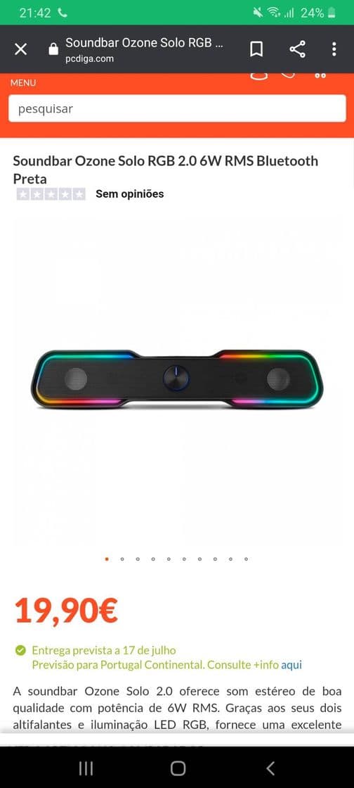 Moda Soundbar Ozone Solo RGB 2.0 6W RMS Bluetooth Preta | PCDIGA