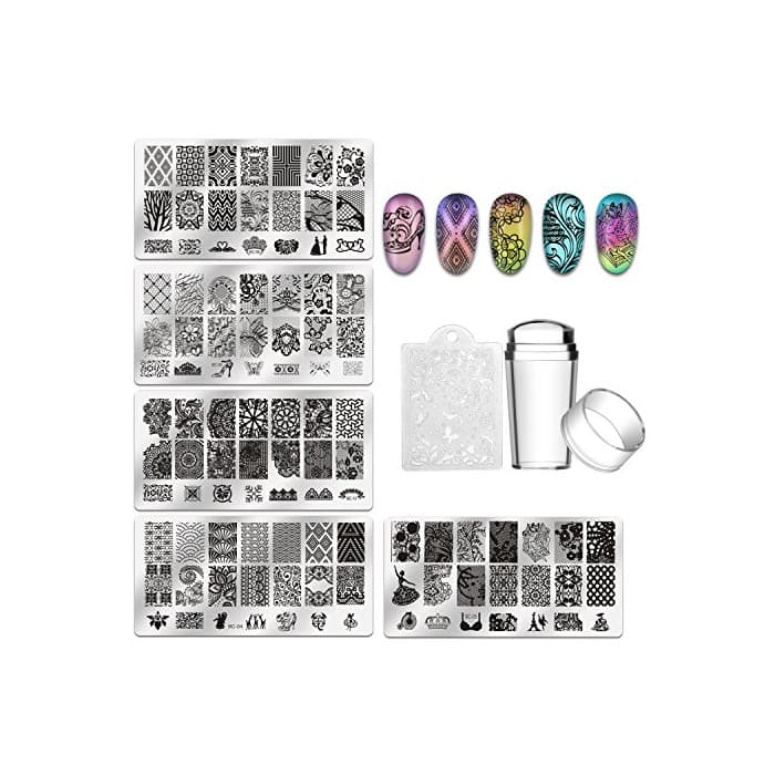 Beauty Biutee 5 pcs Placas Estampacion Uñas de Acero Inoxidable Nail Art Estampador