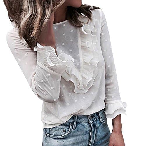 Fashion DEELIN Tops para Mujer Pullover Blusa Casual Encaje Polka Dot O Cuello