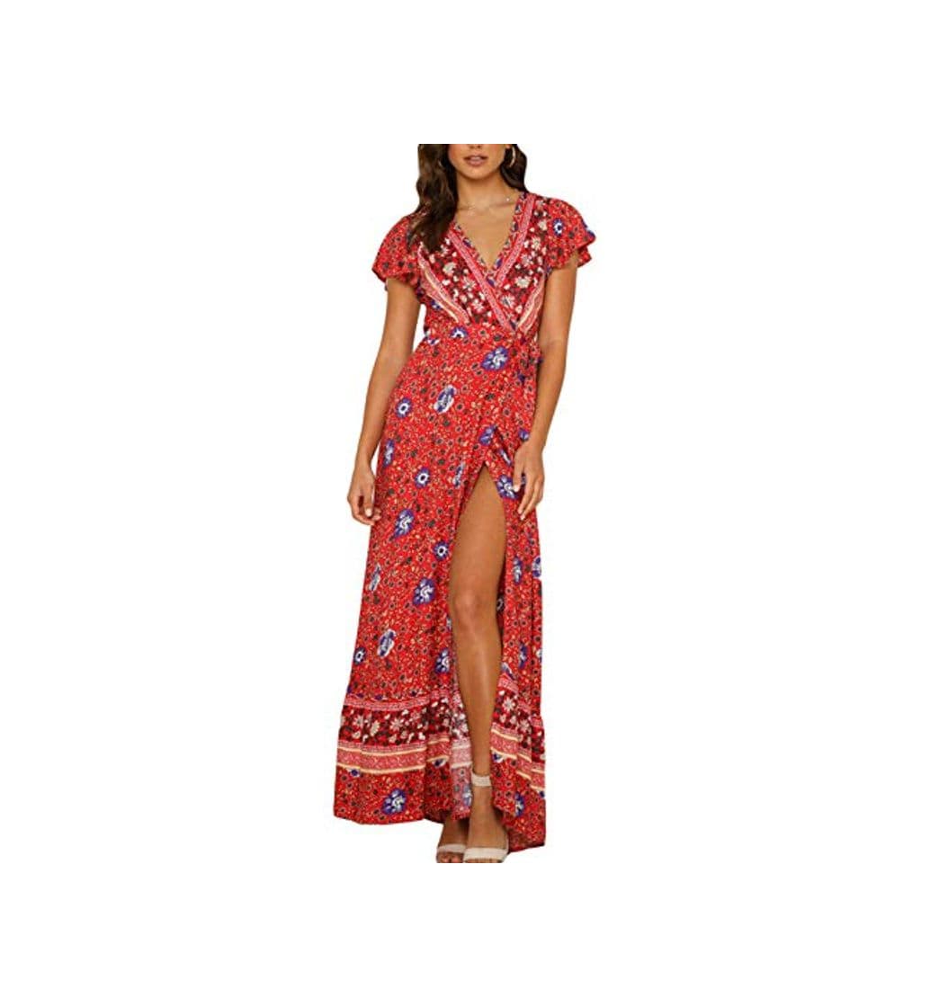 Fashion Vestido Mujer Bohemio Largo Verano Playa Fiesta Floral Manga Corta Cuello en V Talla Split Wrap Maxi Vestidos 5 XL