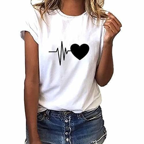 Moda Camiseta de Mujer Manga Corta Corazón Impresión Blusa Camisa Cuello Redondo Basica