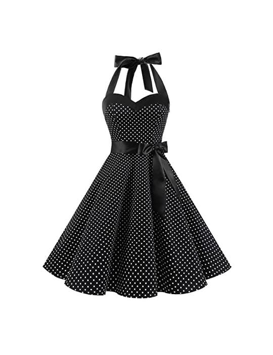 Moda Dresstells® Halter 50s Rockabilly Polka Dots Audrey Dress Retro Cocktail Dress Black