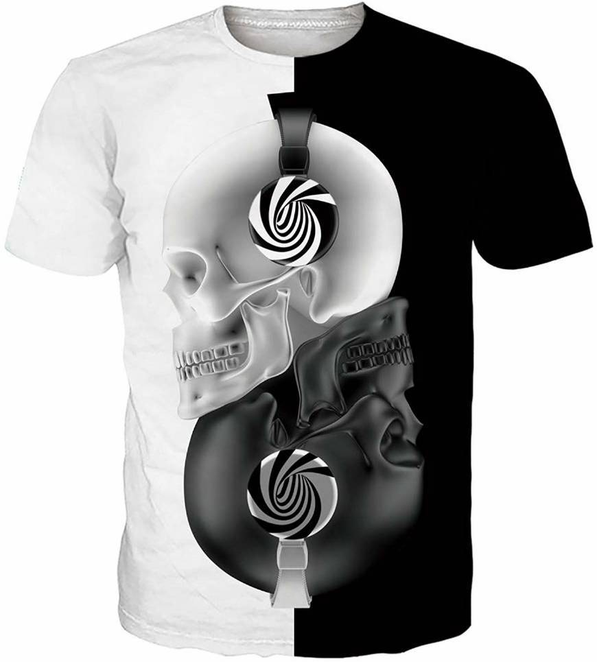 Fashion T-shirt preta caveira, ascutadores, yin-yang