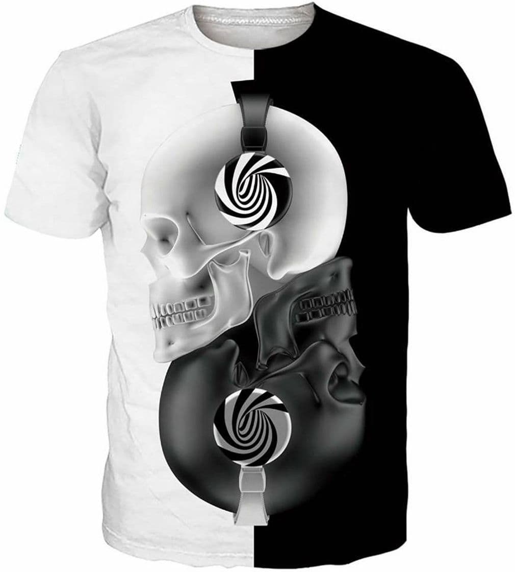 Moda T-shirt preta caveira, ascutadores, yin-yang