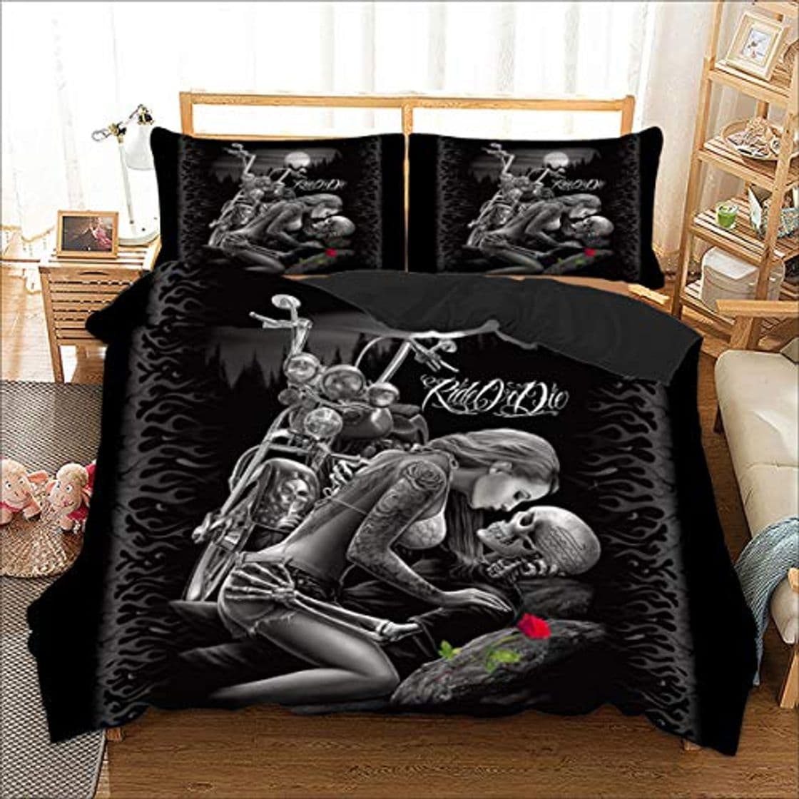 Producto WONGS BEDDING Juego de Ropa de Cama Skull Juego de Fundas nórdicas Beauty Ride or Die Impreso Juego de Fundas nórdicas Hipoalergénico 3 Piezas Funda nórdica de Microfibra con cierr 200x200cm