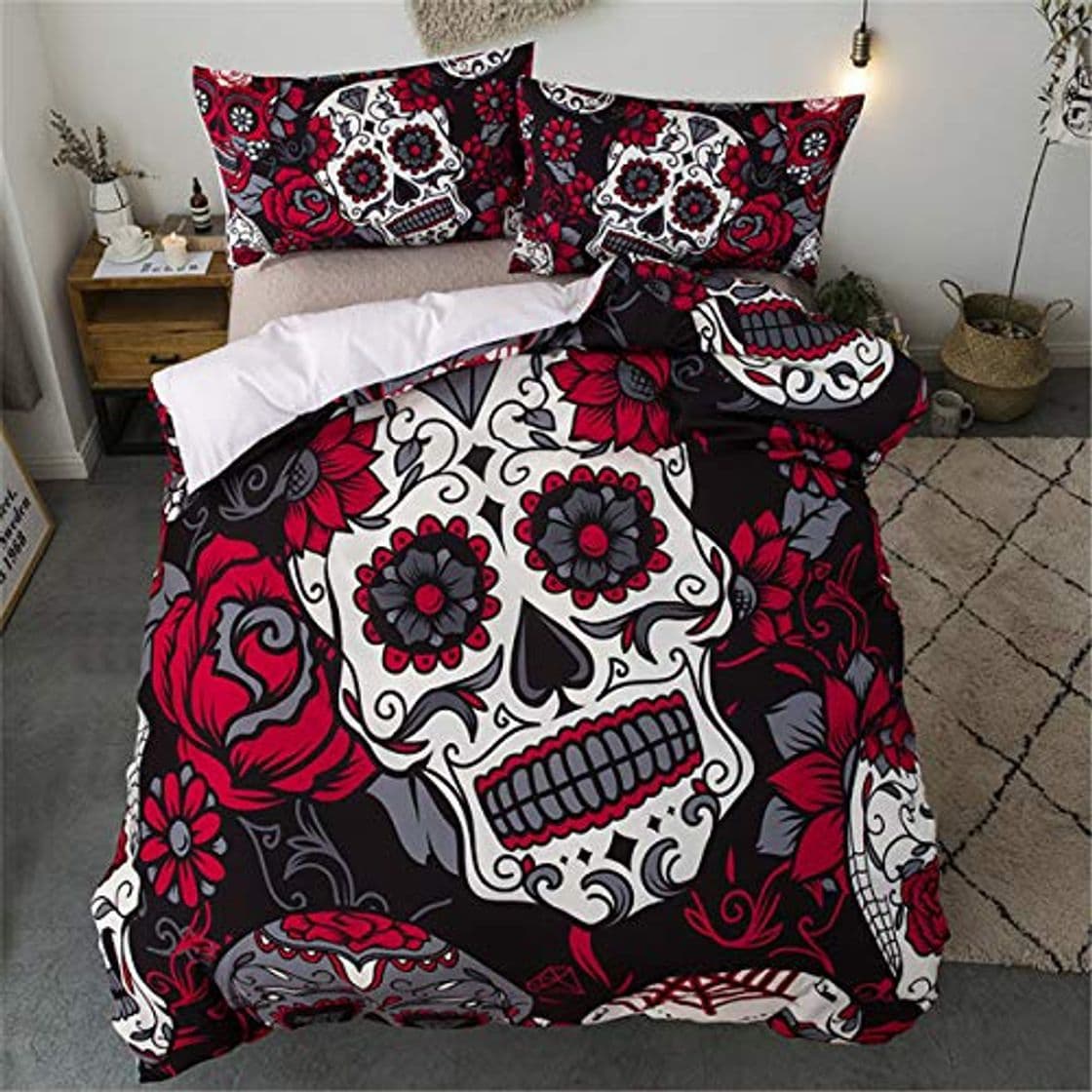 Place Juego de ropa de cama Sugar Skull Rojo Girasol y edredón de