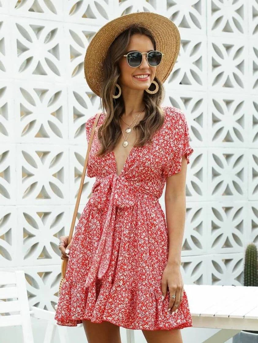 Fashion Plunging Neck Knot Front Ditsy Floral Dress 