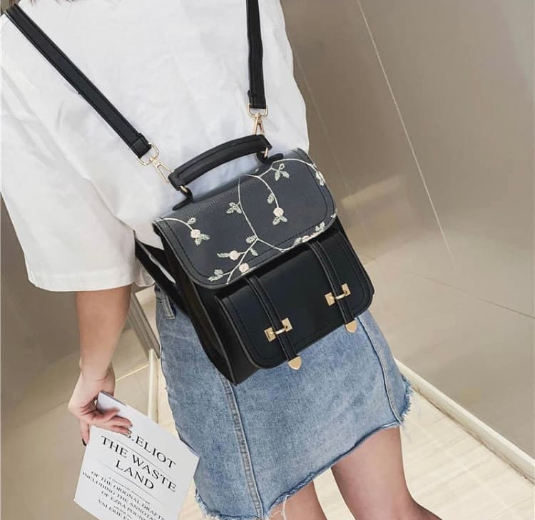 Product Floral Embroidery Leather Backpack