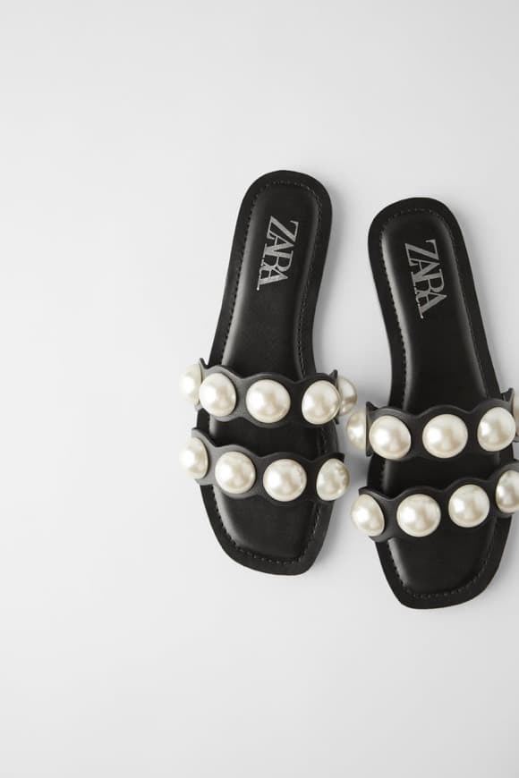 Product Flat leather sandals with pearls-Zara 