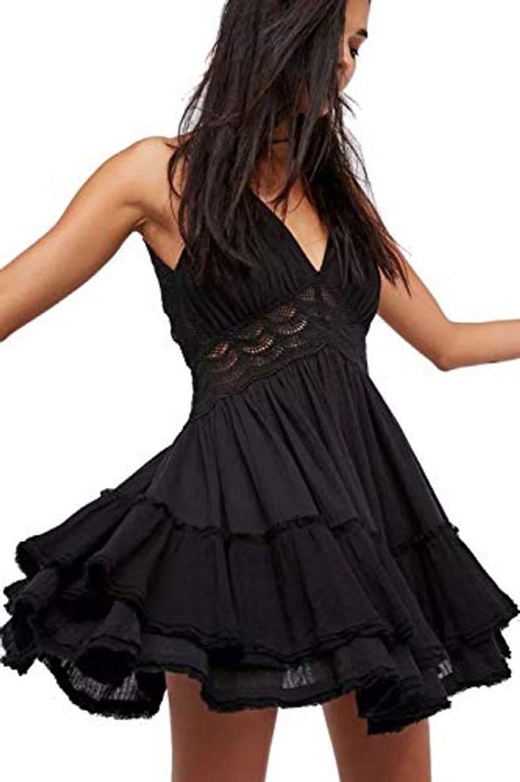 Producto Mujer Vestido Bohemio Corto Sin Espalda Verano Vestido Sexy Cuello en V Noche Vestidos de Playa Negro M