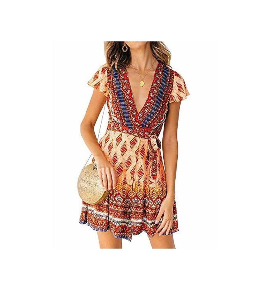 Moda Abravo Mujer Vestido?Bohemio Corto Florales Nacional Verano Vestido Casual Magas Cortas Chic