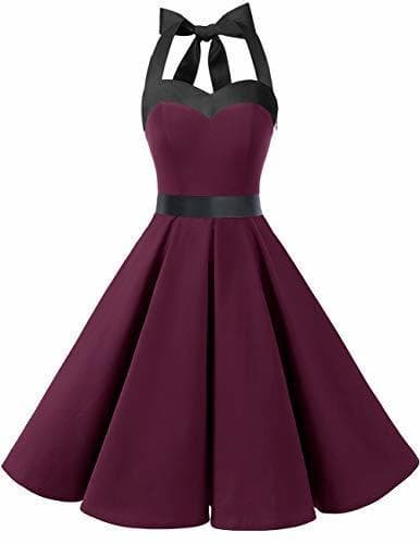 Moda Dresstells® Halter 50s Rockabilly Polka Dots Audrey Dress Retro Cocktail Dress Burgundy