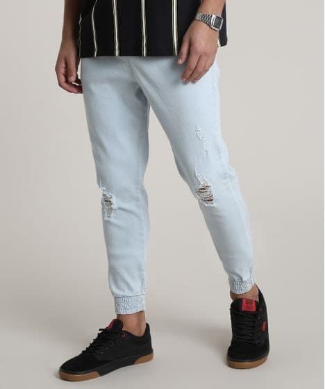 Product calça jeans masculina jogger slim com rasgos azul claro