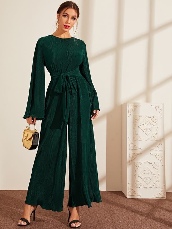 Product Bell Sleeve Pleated Lettuce Trim Belted Jumpsuit