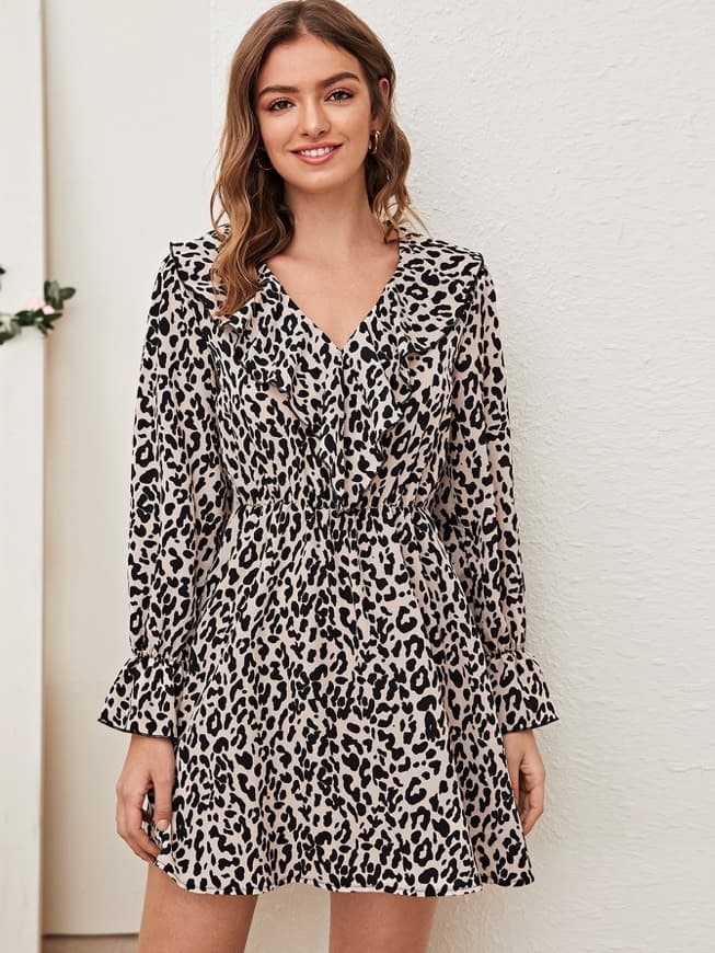 Fashion Leopard Print Ruffle Trim Chiffon Dress