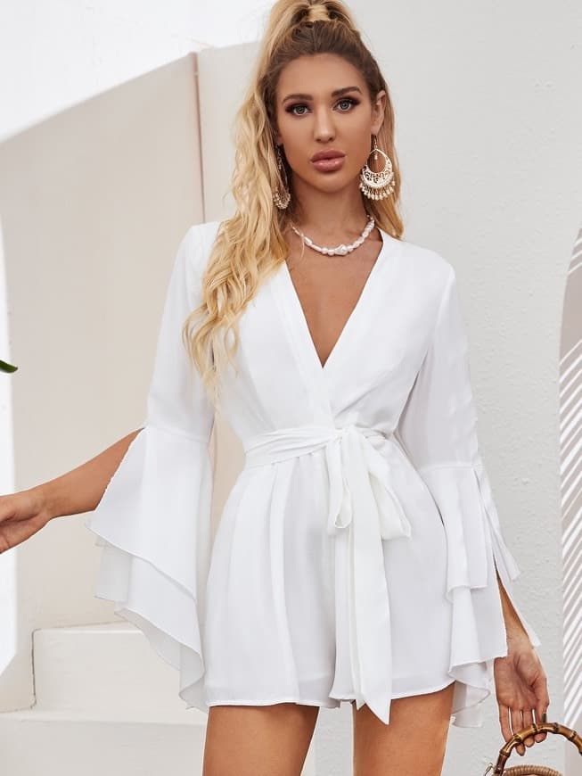 Fashion Split Asymmetrical Sleeve Self Belted Wrap Romper