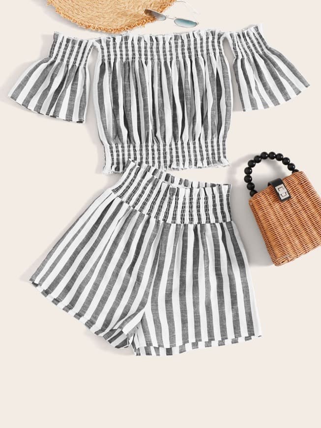 Product Striped Shirred Frill Trim Bardot Top & Shorts